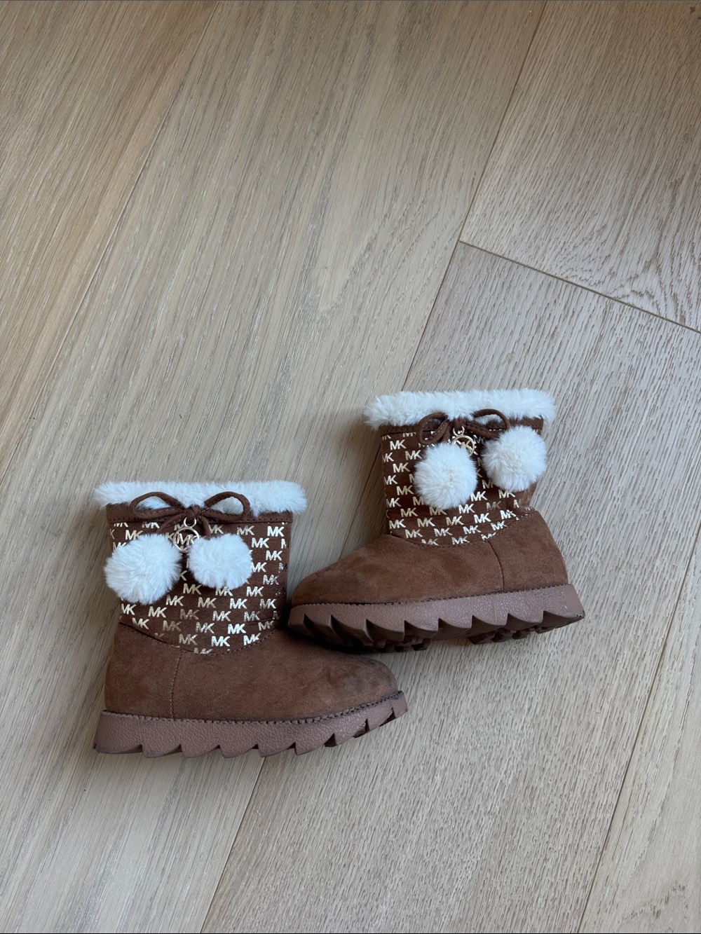 Michael Kors Kids Brown Suede Logo Pom Pom Boots